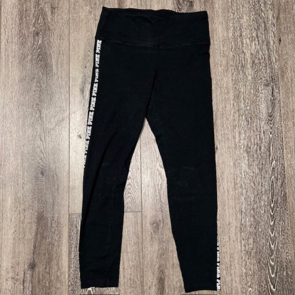 Victoria's Secret Pink Leggings Black Yoga Pants Size  Large Spell Out Pants EUC - Picture 1 of 4